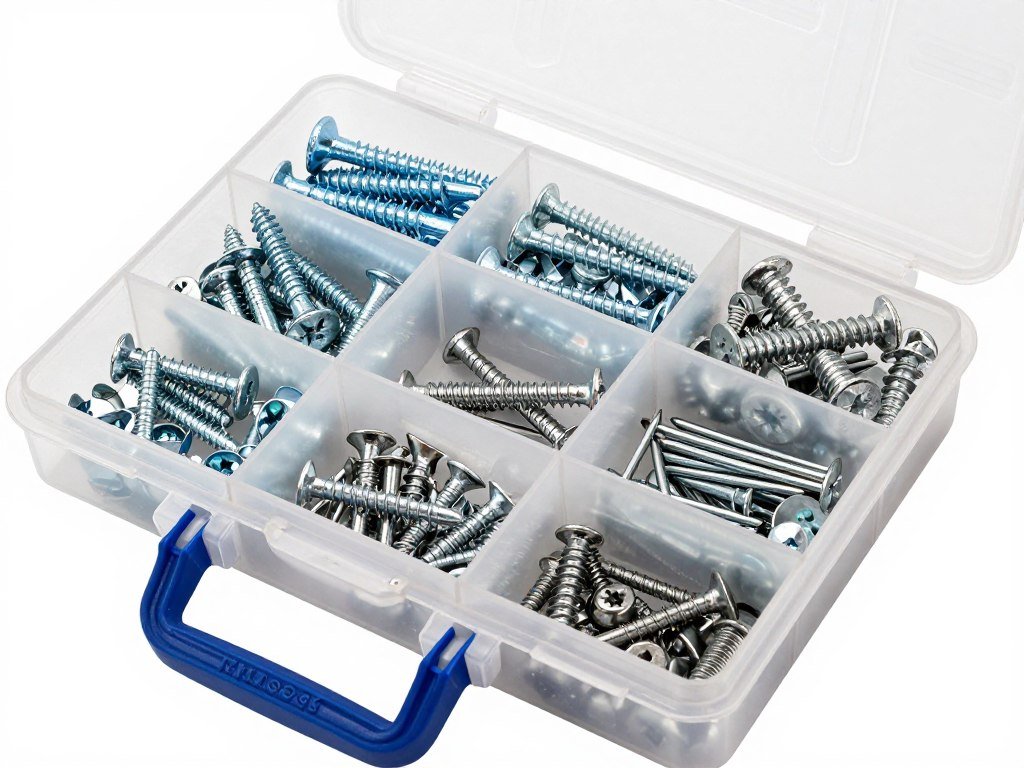 Portable hardware organizer case with adjustable compartments filled with various fasteners