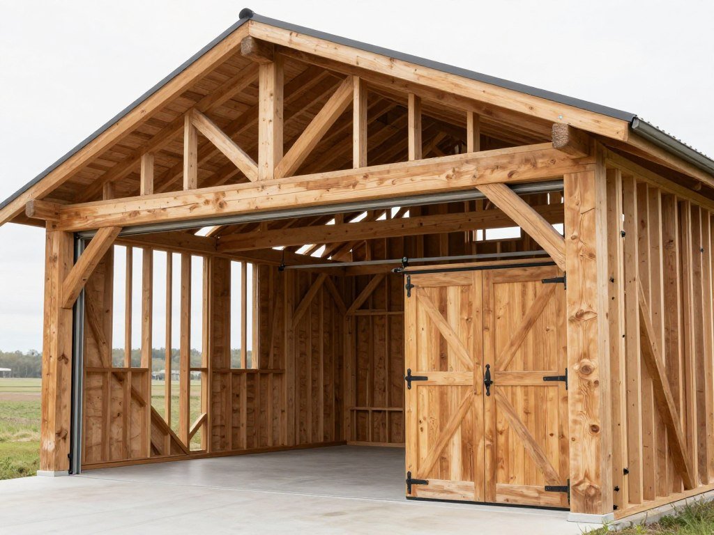 Post and beam carriage house style garage with timber frame construction and traditional joinery