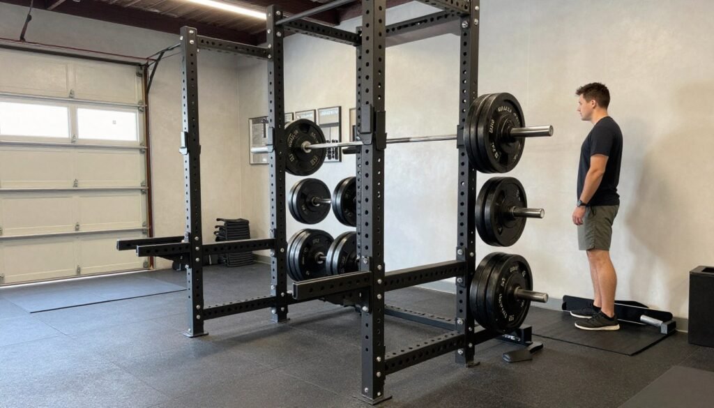 Power rack with barbell and weight plates in a garage gym setting