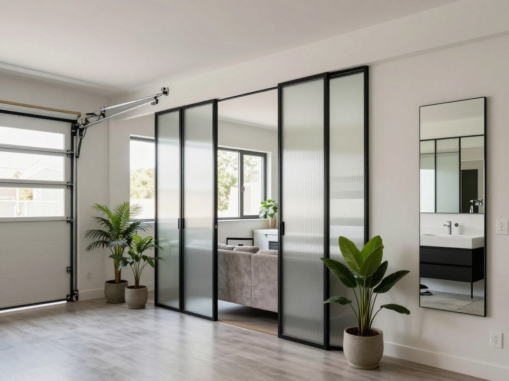 Privacy solutions in an above garage apartment interior with window treatments and room dividers