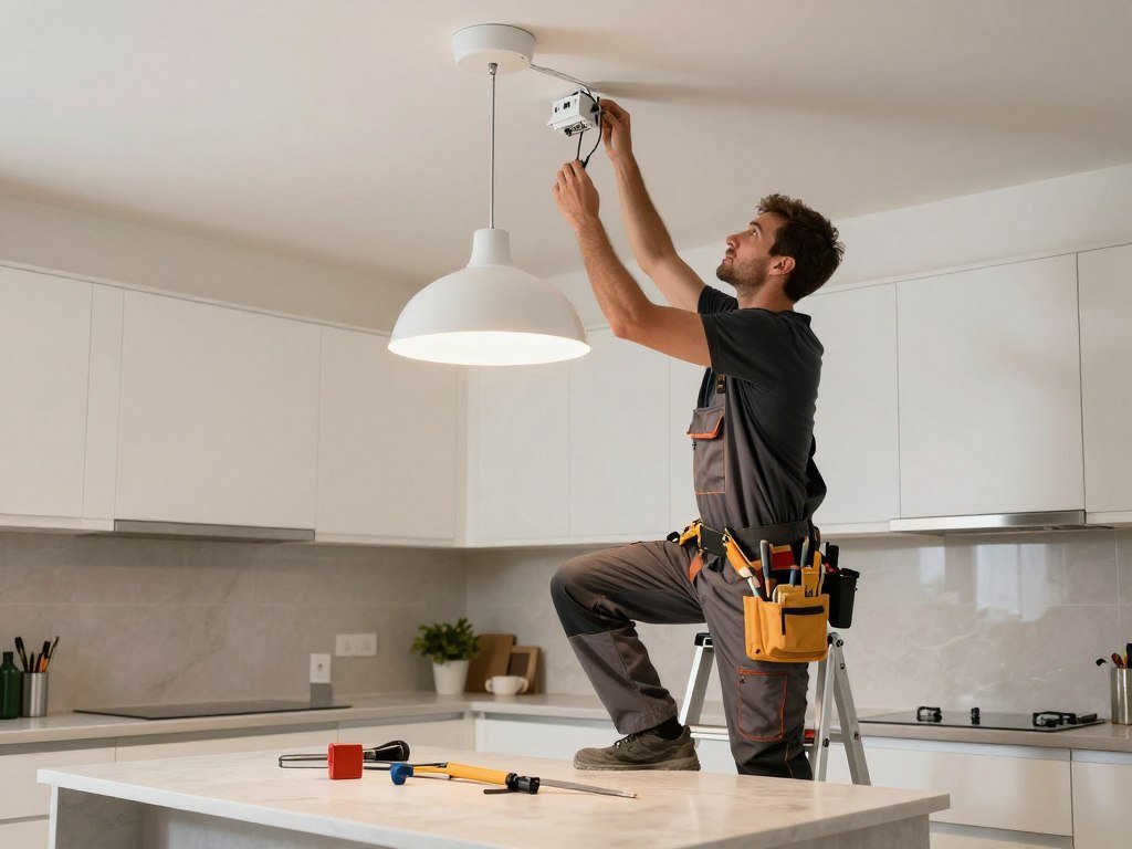 Professional electrician installing kitchen lighting fixtures