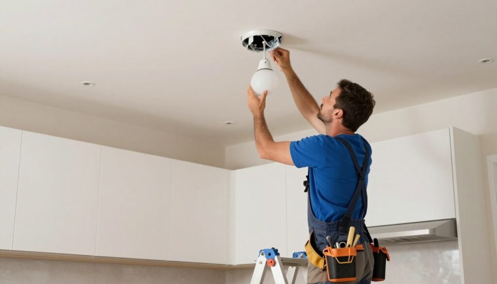 Professional electrician installing kitchen pendant lights Professional electrician installing kitchen pendant lights