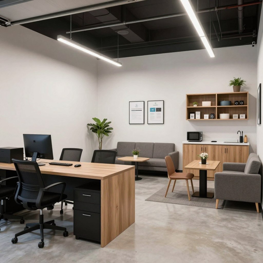 Professional garage conversion for a small business with client meeting area and workspace Professional garage conversion for a small business with client meeting area and workspace