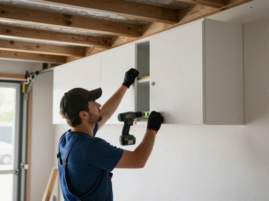 Professional installing wall-mounted garage cabinets
