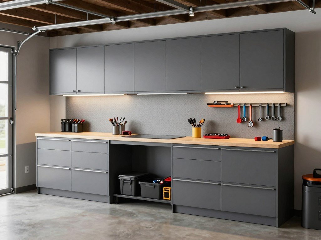 Professional-looking garage workshop with cabinet system