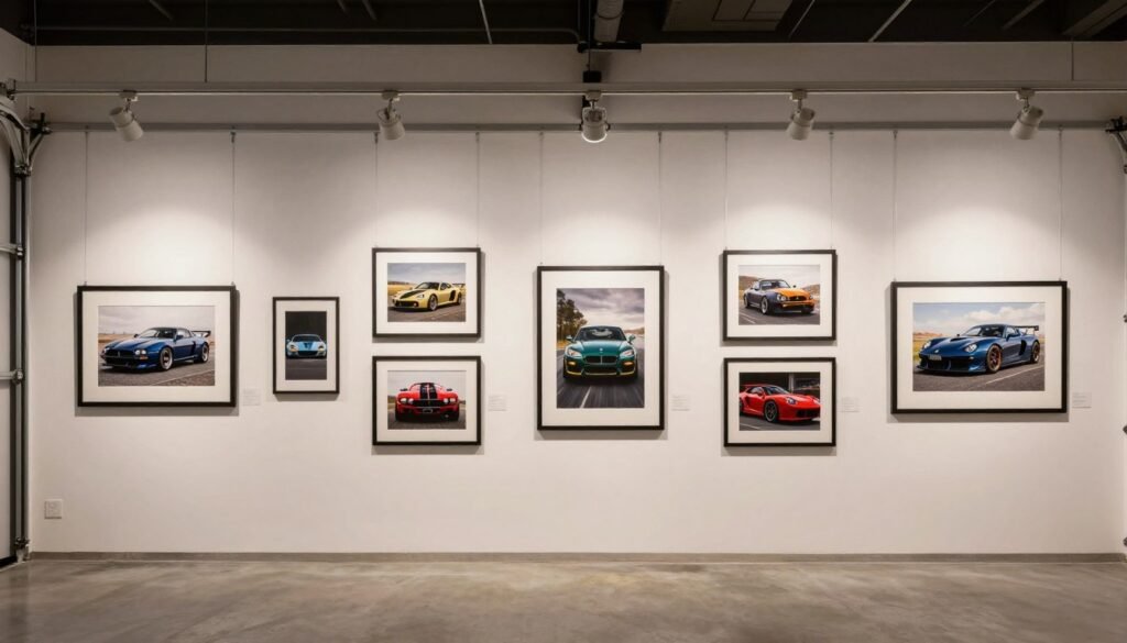 Professionally installed garage art gallery with proper lighting and arrangement Professionally installed garage art gallery with proper lighting and arrangement