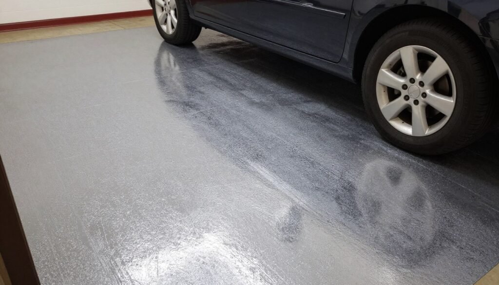 Properly cured epoxy garage floor with car parked on it showing durability Properly cured epoxy garage floor with car parked on it showing durability