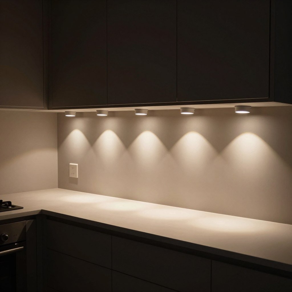 Puck lights installed under kitchen cabinets creating pools of light