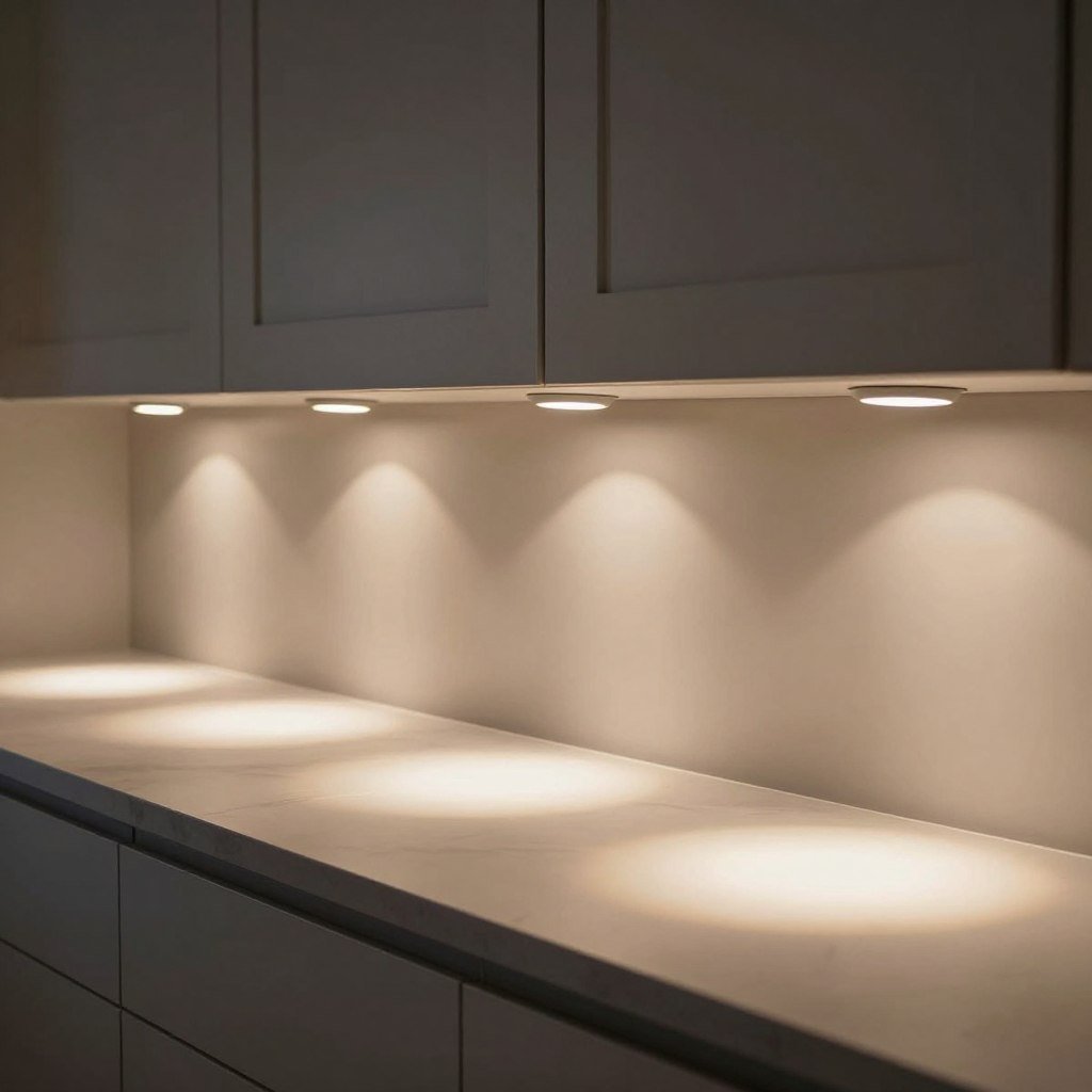 Puck lights installed under kitchen cabinets creating pools of light