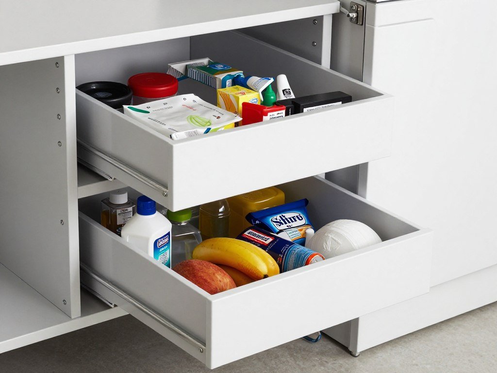 Pull-out bin shelving system with drawers extended showing organized contents Pull-out bin shelving system with drawers extended showing organized contents