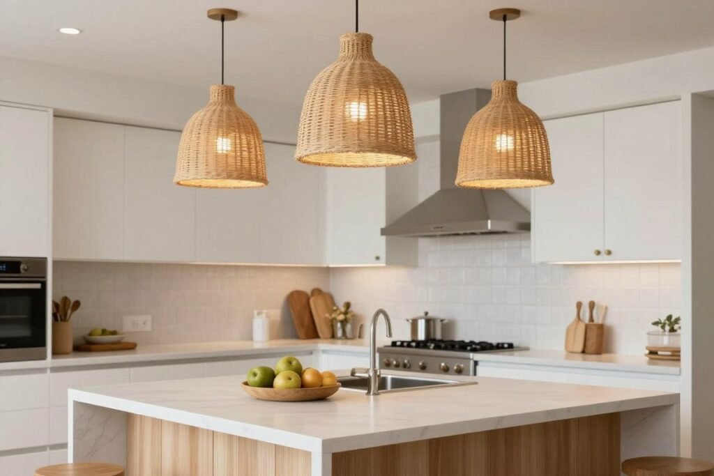 Rattan pendant lights over a kitchen island
