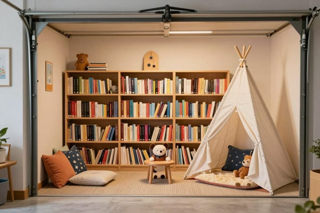Reading nook in a converted garage playroom with bookshelves and comfortable seating Reading nook in a converted garage playroom with bookshelves and comfortable seating