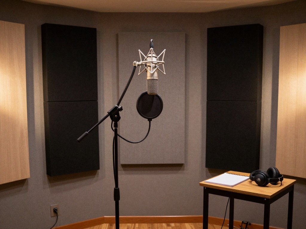 Recording booth in a converted garage music studio with microphone setup and acoustic treatment Recording booth in a converted garage music studio with microphone setup and acoustic treatment