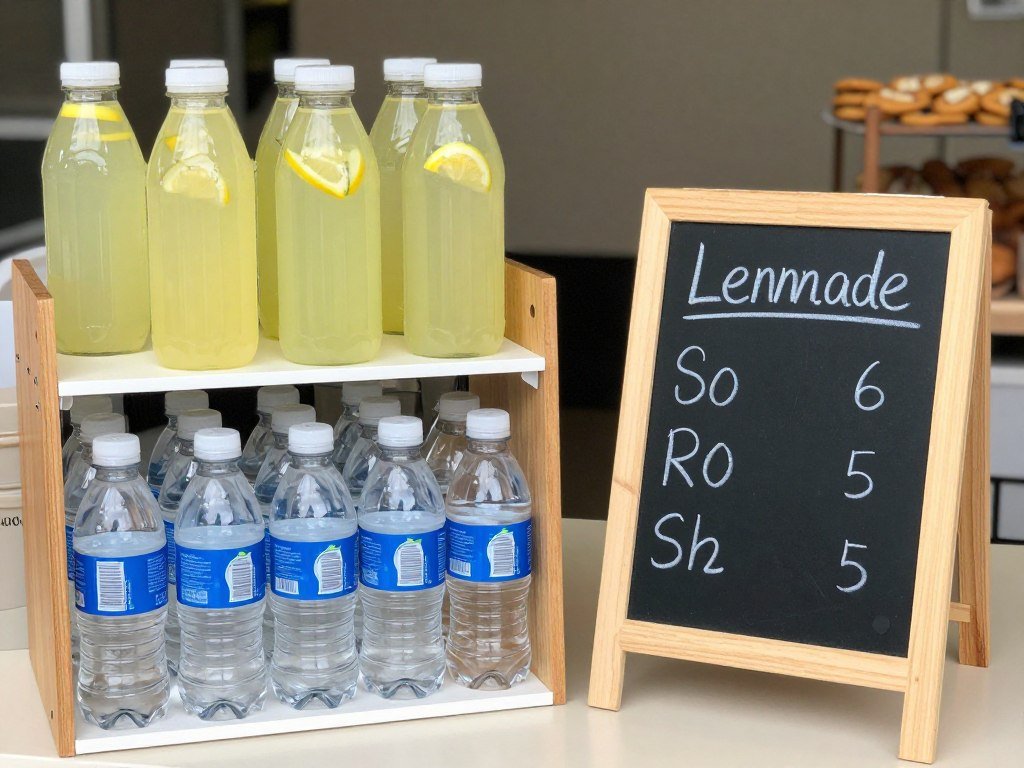 Refreshment stand at garage sale with lemonade and cookies