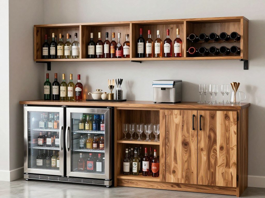 Refrigeration and storage solutions for a garage bar including mini-fridge and shelving