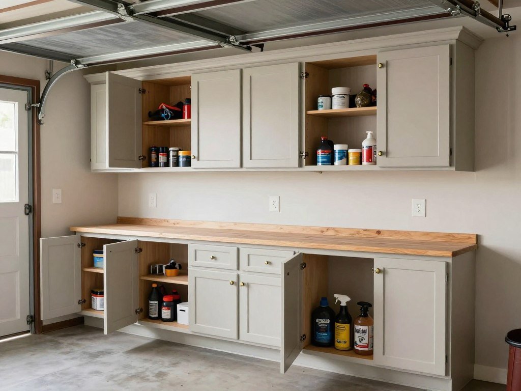 Repurposed kitchen cabinets installed in garage for tool and supply storage