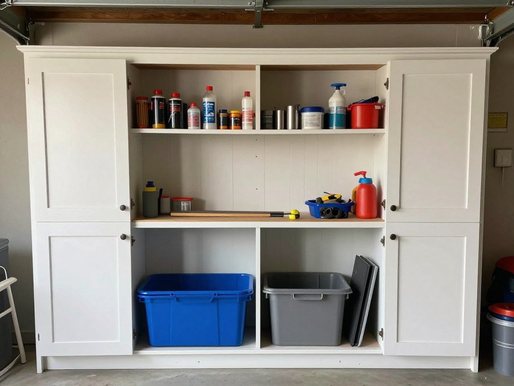 Repurposed kitchen cabinets used for garage storage with organized tools and supplies Repurposed kitchen cabinets used for garage storage with organized tools and supplies