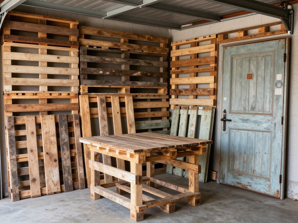Repurposed materials used creatively in a garage man cave
