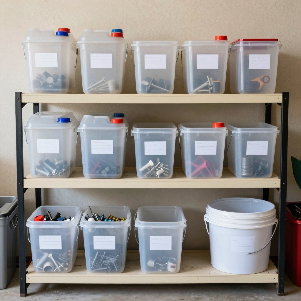 Repurposed plastic containers being used for garage storage