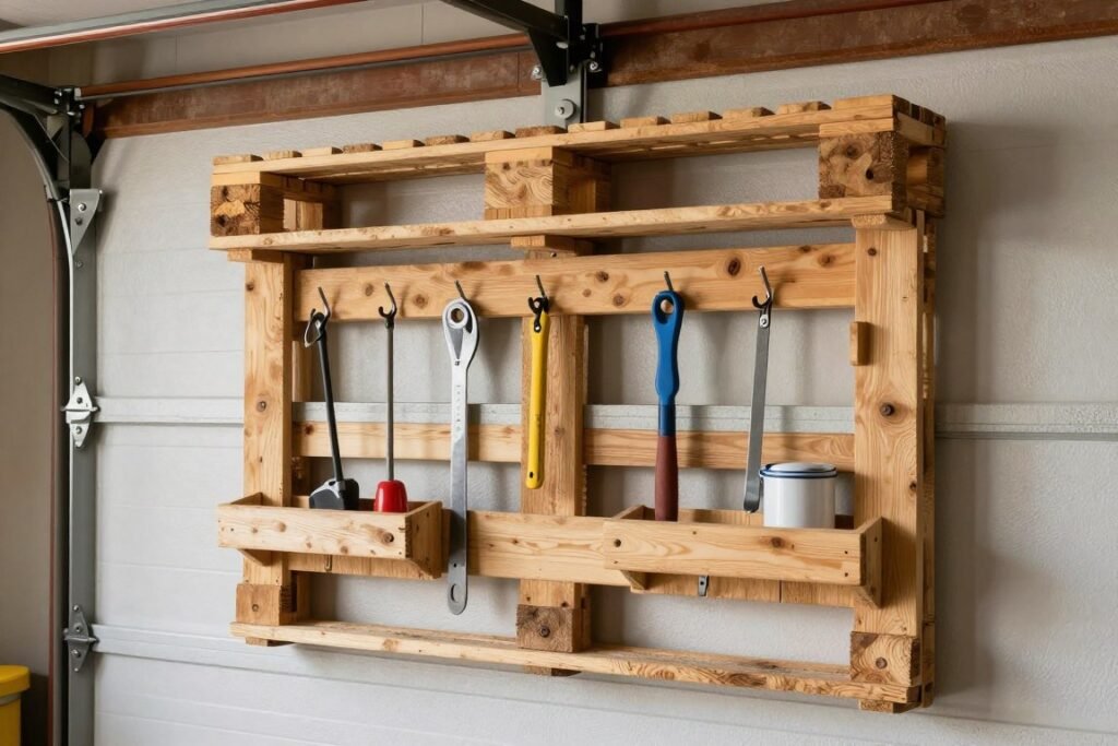 Repurposed wooden pallet mounted on wall as tool organizer with hooks and shelves