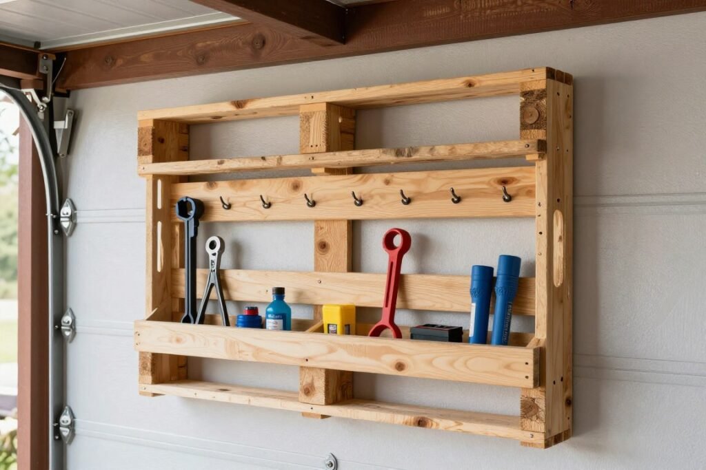 Repurposed wooden pallet tool organizer with compartments