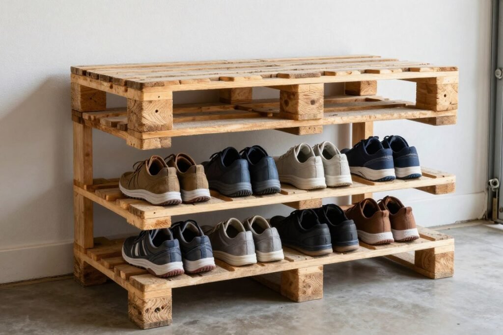 Repurposed wooden pallet transformed into a rustic garage shoe rack with multiple shoes stored