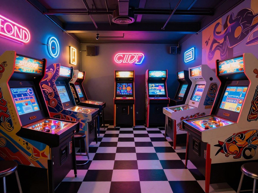 Retro arcade-themed garage man cave with vintage games and neon lighting