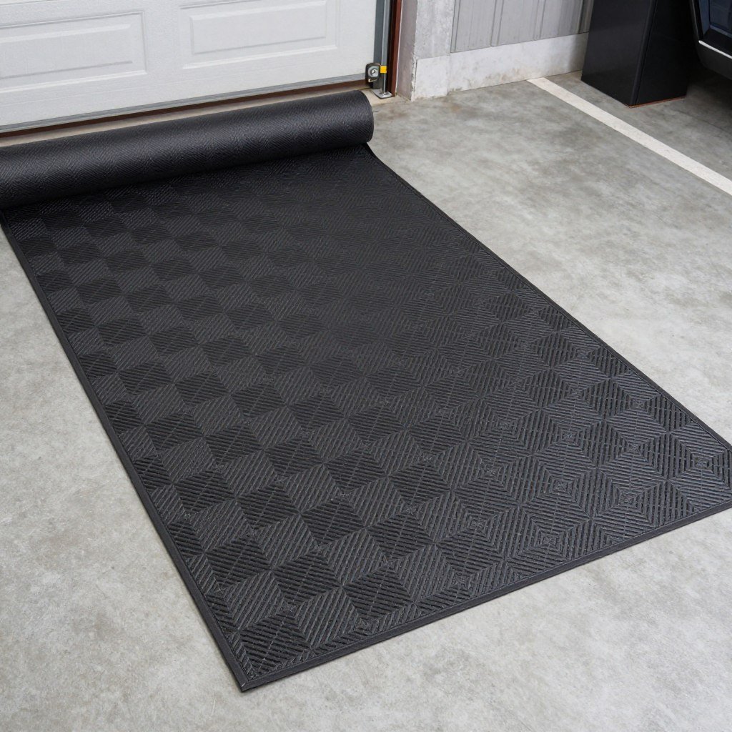 Roll-out vinyl garage flooring mat with diamond pattern, offering simple garage inspo upgrade