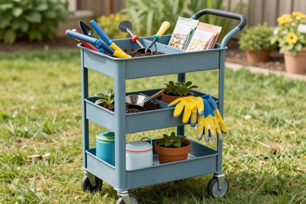 Rolling garden tool cart with compartments for supplies