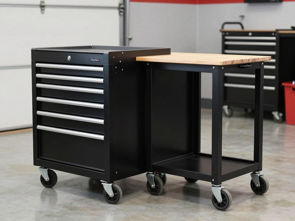 Rolling tool cabinet and mobile workbench in garage workshop Rolling tool cabinet and mobile workbench in garage workshop