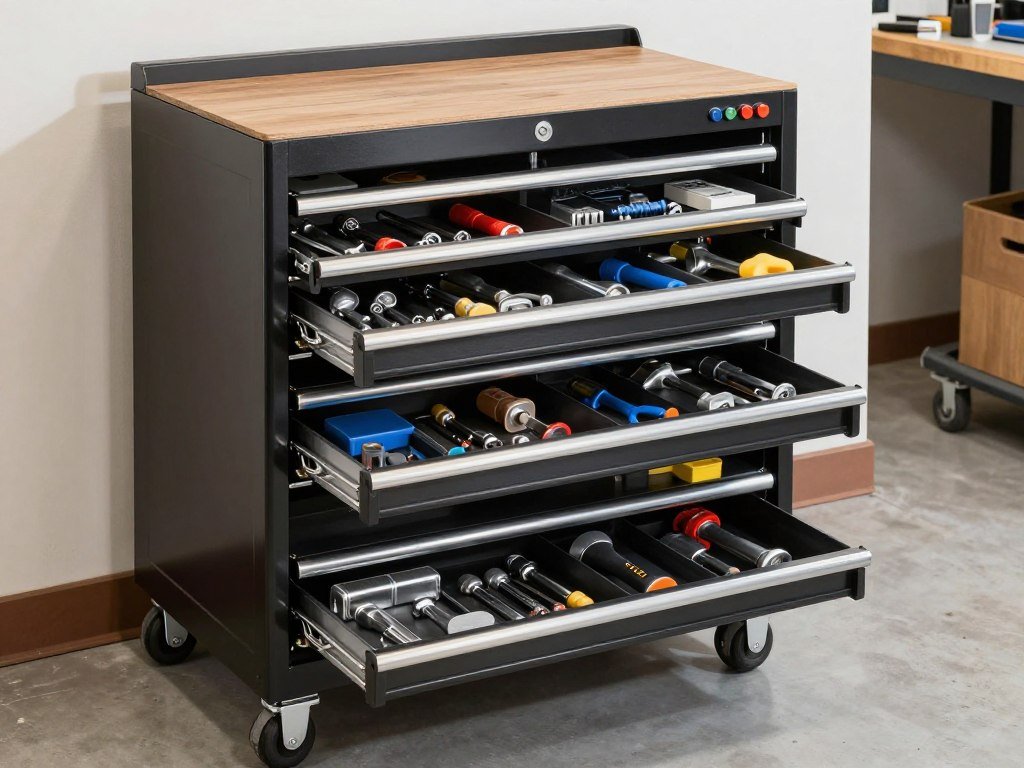 Rolling tool cabinet with organized drawers in a garage workshop