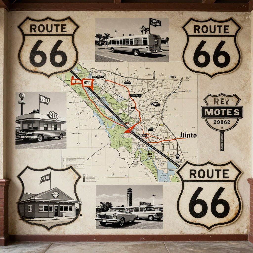 Route 66 themed garage art with maps and historical imagery Route 66 themed garage art with maps and historical imagery