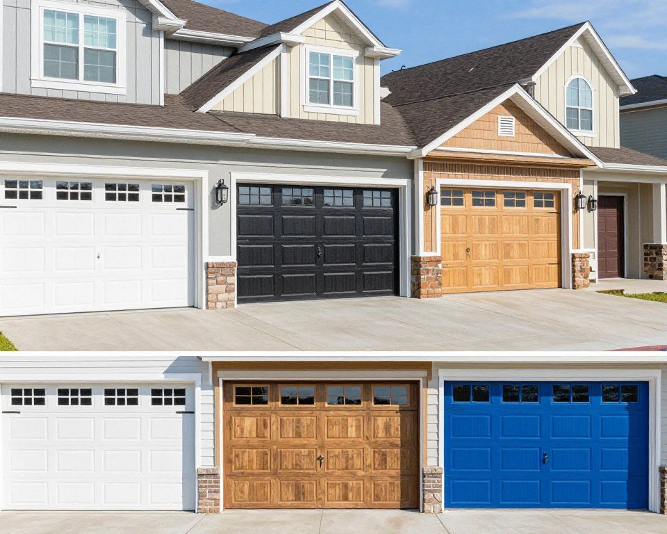Row of homes with different colored garage doors showing design impact