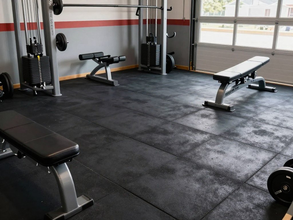 Rubber composite tiles in a garage gym area with exercise equipment