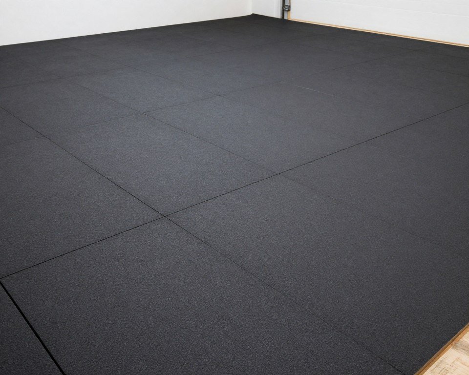 Rubber gym flooring being installed in a garage workout space