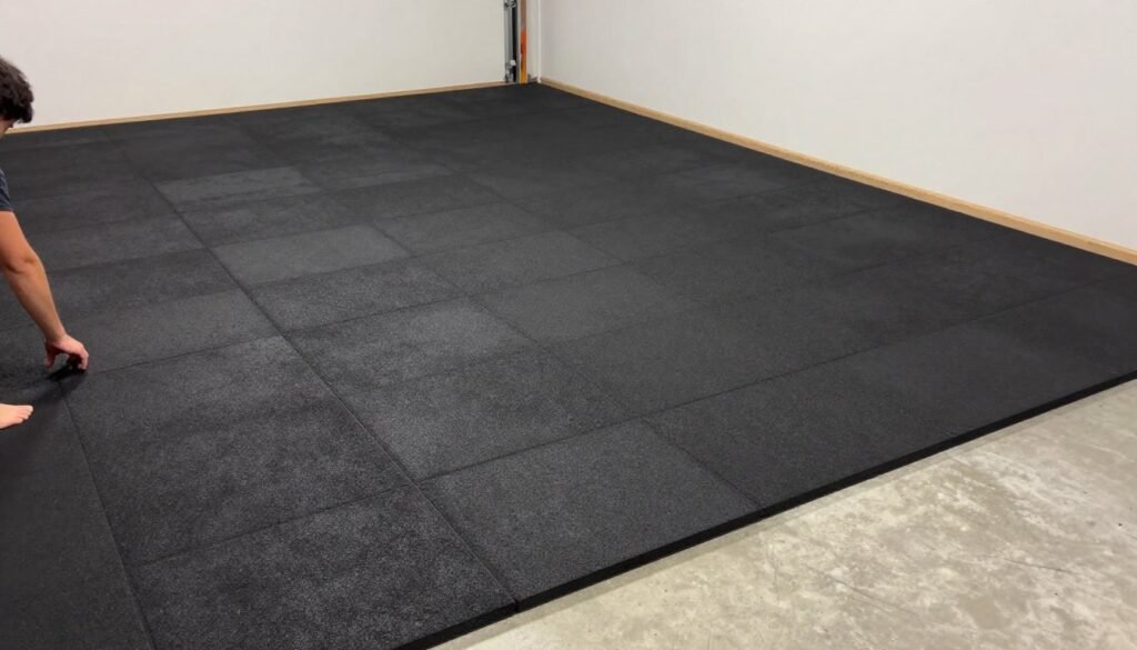 Rubber gym flooring being installed in a small garage gym