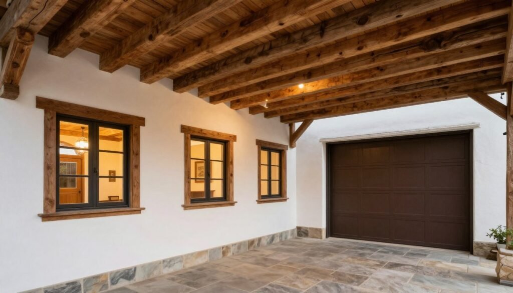 Rustic enclosed breezeway with wooden beams and stone flooring