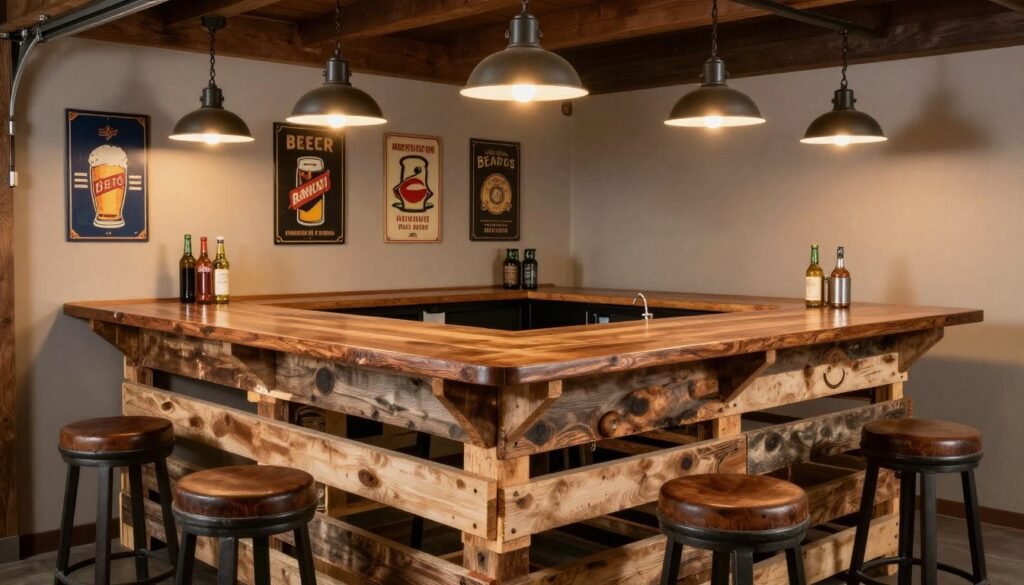 Rustic garage bar made from reclaimed pallet wood