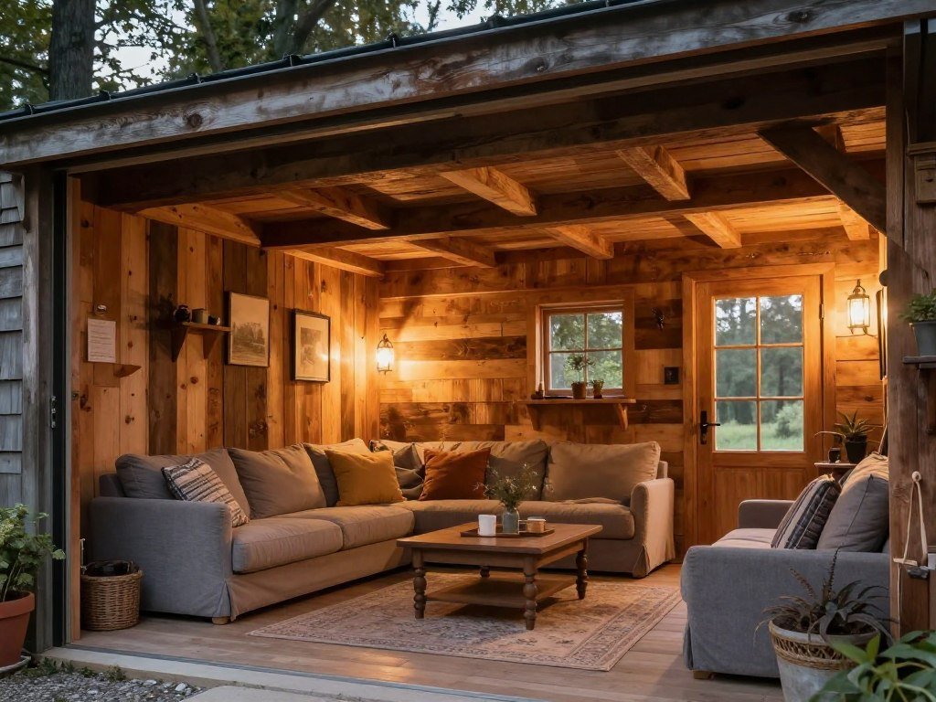 Rustic garage conversion with wood elements and warm lighting Rustic garage conversion with wood elements and warm lighting