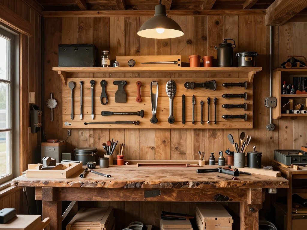Rustic garage workshop with wood panel walls and vintage elements Rustic garage workshop with wood panel walls and vintage elements