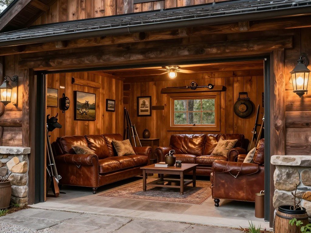 Rustic hunting lodge garage man cave with wood paneling and outdoor themes