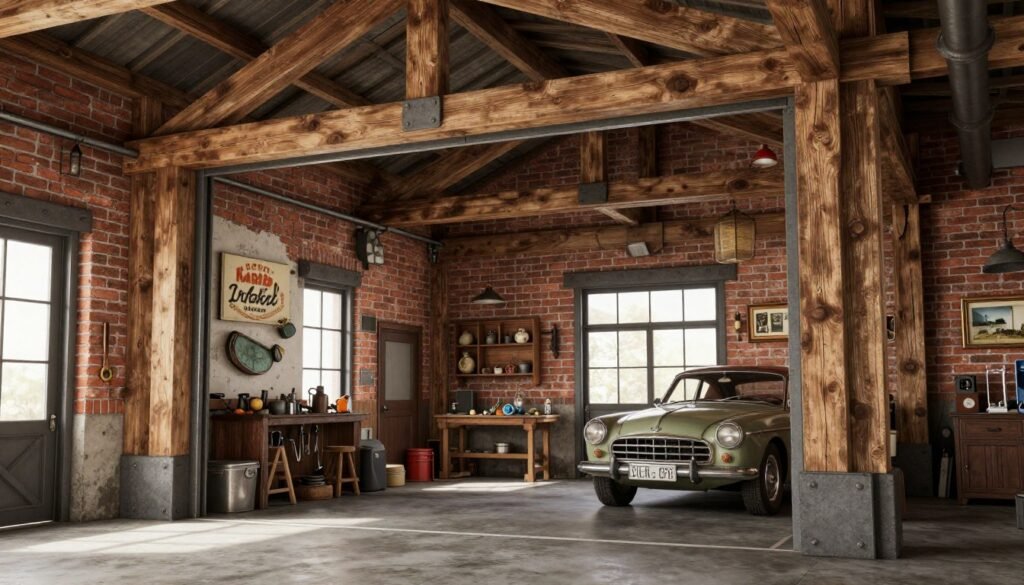 Rustic industrial Bloxburg garage with wooden beams, metal accents, and vintage decorations
