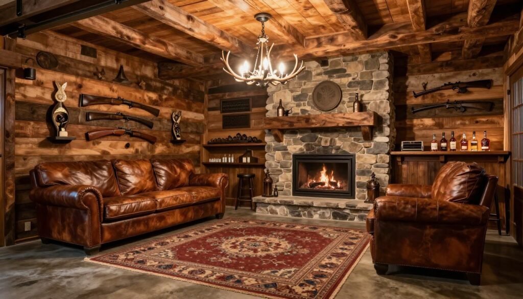 Rustic lodge-style man cave garage with wood paneling, leather furniture, and hunting/fishing decor