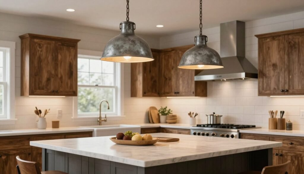 Rustic pendant lights in a farmhouse kitchen