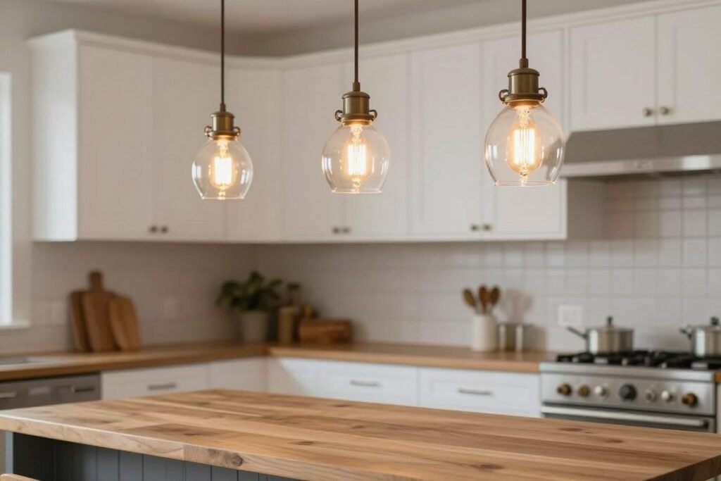 Rustic pendant lights with clear glass and visible Edison bulbs over a farmhouse kitchen island
