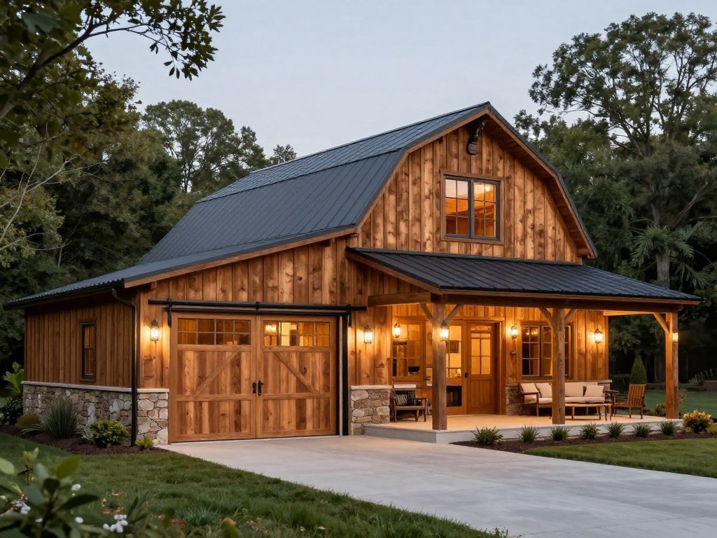 Rustic pole barn garage workshop with wood elements