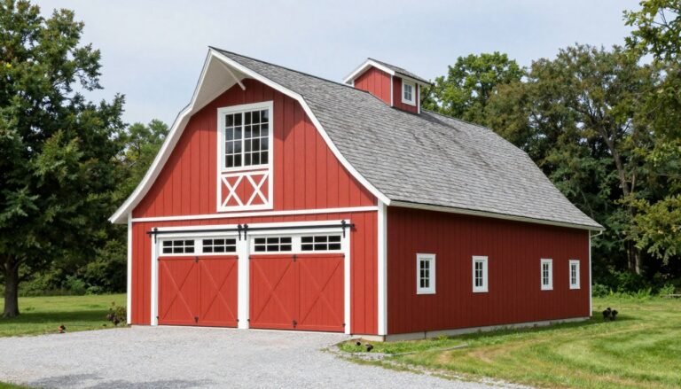 Rustic red barn style garage with white trim and gambrel roof surrounded by green landscape