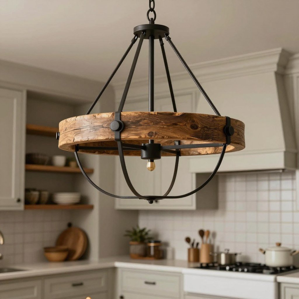 Rustic wood and iron chandelier in farmhouse kitchen