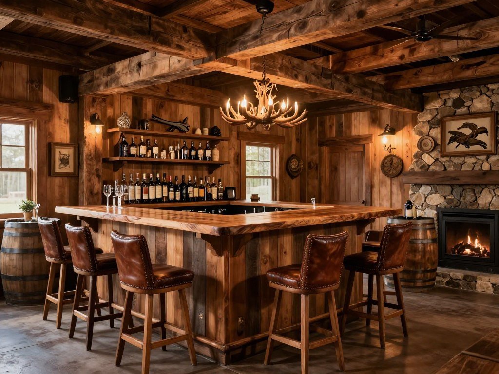 Rustic wooden garage bar with warm lighting and natural elements