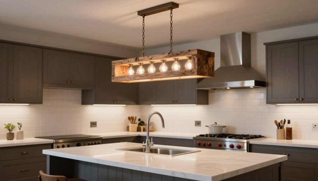 Rustic wooden linear chandelier over kitchen island